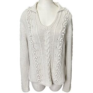 WinterSilks Cream Silk Cotton Blend Pom Pom‎ Knit Sweater Size PL